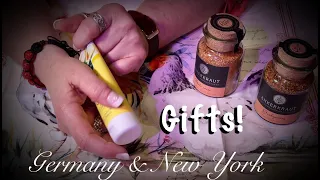 ASMR Opening Gifts from Germany & NY (whispered only) Newspaper, gift wrap, rain & Nature sounds