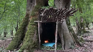 Building Bushcraft Survival Shelter In The Trunks & Start To Finish, Outdoor Cooking, Bushcraft rain