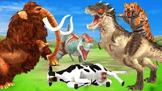 Dinosaur Attacks Cow Cartoon Saved By Giant Tiger Bull Woolly Mammoth Vs T-Rex Jurassic World