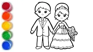 Bride and Groom drawing painting,colouring | easy acrylic painting for kids | Art and Learn