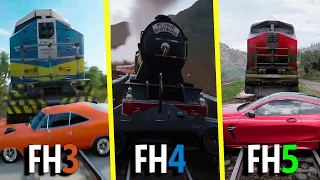 Forza Horizon 5 vs Forza Horizon 4 vs Forza Horizon 3 - What Happens if a train Hits me? Comparison!