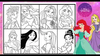 Disney Princesses TOGETHER Coloring Compilation ARIEL ELSA JASMINE BELLE MULAN TIANA Coloring Page