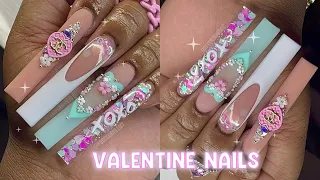 PINK & MINT VALENTINE NAILS  🩵💖✨ | HOW TO FLOWER HEART 🌸 | FULL ACRYLIC NAIL TUTORIAL ✨