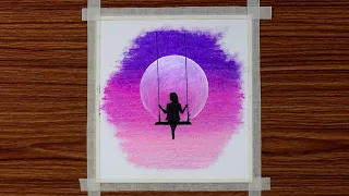 Drawing for Beginners with Oil Pastels - Girl on Swing in Moonlight - Step by Step