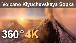 360°, Eruption of Volcano Klyuchevskaya Sopka, Kamchatka, Russia. 4K aerial video