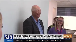 Former police officer burned in crash thanks life-saving blood donors