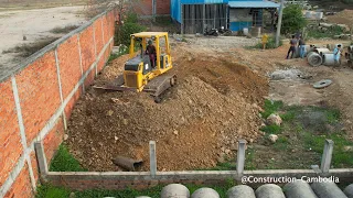 Starting New Filling Land, Komatsu D31PX Bulldozer Push The Soil With 5 Ton Dump Truck Pour The Soil