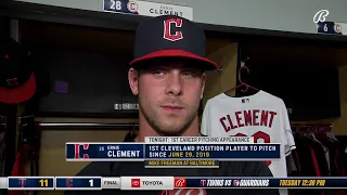 Ernie Clement on his first pitching appearance in Monday night's 11-1 loss