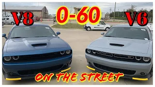 V6 (GT) vs V8 (RT) Challenger - 0-60 on the Street..