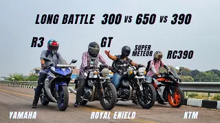 Ktm RC390 Vs Yamaha R3 Vs Continental GT650 Vs Super Meteor 650 Quad Long Race | Epic Battle