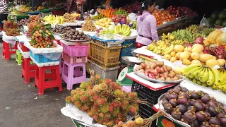 Amazing a large scale of Abundance fruit, vegetable, fish, pork and more @Cambodian Market