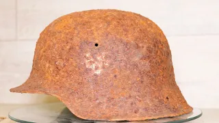 Rusty German Helmet Restoration. Preservation in Oxalic Acid