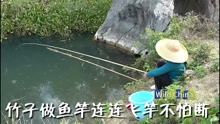 山村水资源太好了，随便用一根竹竿做鱼竿，连连飞竿，不怕折断太好用了