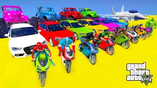 SpiderMan Mega Ramp Boats,Cars,Motorcycles With Trevor and Friends Epic Stunts Map Challenge - GTA 5