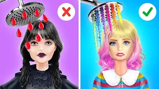 TRANSFORMAÇÃO WANDINHA VS ENID 🩷🖤 Barbie Rica Vs Sem Grana 😍 Desafio de Uma Cor Só, por YayTime