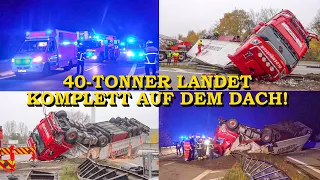 [SPEKTAKULÄRER LKW-UNFALL] - 40-TONNER LANDET AUF DEM DACH - | FEUERWEHR HAMBURG mit KRAN im EINSATZ