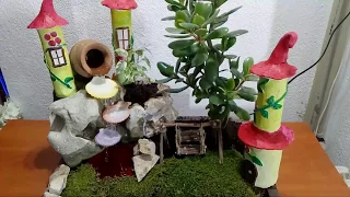 How to make fairy garden with fountain and Jade plant/Money plant