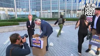 Ryanair CEO Michael O’Leary hit in face with pie by environmental protesters