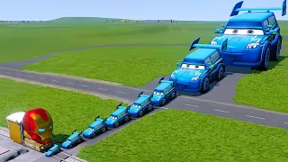 Big & Small Pixar Cars VS Iron Man the Tank Engine Train - BeamNG.drive