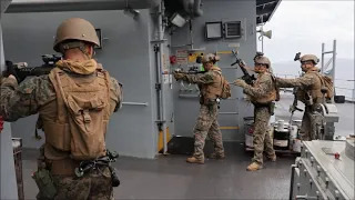 Marines conduct VBSS operations aboard USS Miguel Keith (ESB-5), off the coast of Okinawa