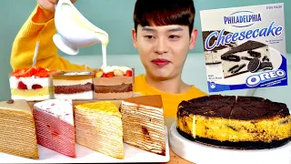 ASMR 필라델피아 오레오 치즈케이쿠🧀 딸기 초코 커피 크레이프케이크 먹방! Philadelphia Oreo Cheese Cake With Crepe Cake MuKBang~!