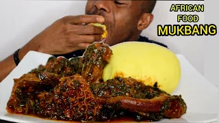 FUFU AND EFO RIRO OR VEGETABLE SOUP WITH GOAT MEAT | AFRICAN FOOD | THE ADIM FAMILY