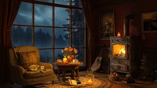 Rainy Night in Cozy Room Ambience - Relaxing Jazz Music with Rain & Fireplace Sounds for Sleep