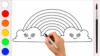 How to draw and colour a beautiful rainbow and two clouds. Drawings for kids.