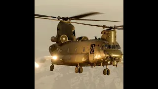 Royal Air Force Chinook helicopter firing flares over Afghanistan.