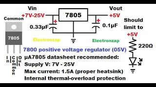 How to use 7800 series 7805 positive voltage regulator integrated circuit IC demonstration