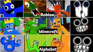 Rainbow Friends Roblox Vs Rainbow Friends Minecraft Vs Rainbow Friends Alphabet Lore Jumpscares