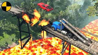 Cars vs Burning Bridge - BeamNG.Drive