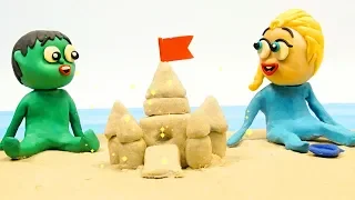 DibusYmas Sand Castle game Superhero Play Doh Stop motion cartoons for kids