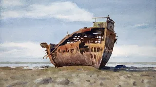 Watercolor painting a shipwreck