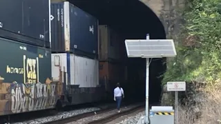 GIRL WALKS INTO TRAIN TUNNEL With A Train Coming!  NEVER DO THIS!  MUST SEE 2 Trains Go Thru Tunnel