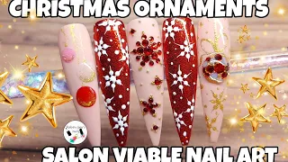 Christmas ORNAMENTS nail art! | Salon viable designs! | Snowflake crystal placement