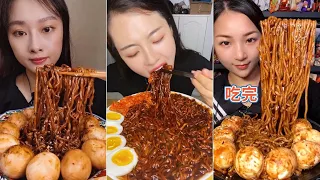 Eating Black Bean Noodles and soft boil eggs (chewy sounds) Korean noodles mukbang eating show ASMR
