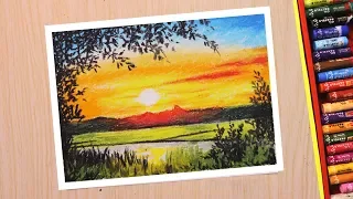 Oil pastel drawing for beginners | Scenery drawing of beautiful sunset in Hindi