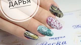 5 options of stamping using gel paints. Reversible stamping using gel polish.