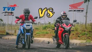 TVS Apache RTR160 4V FI vs Honda CBR 150R| Drag race and exhaust note comparison.