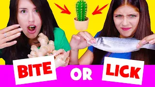 BITE OR LICK ASMR FOOD CHALLENGE (Cactus, Fish, Onion, Watermelon, Cake)