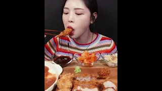 Crispy pork cutlet, king fried shrimp, cheese ball, shrimp croquette and omelet Mukbang Asmr