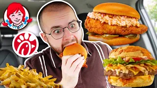 Eating NEW Fast Food Items For 24 HOURS! Chick-fil-A Pimento Cheese Sandwich, Wendy's Nachos!