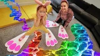 BUNNY FEET Floor is LAVA!! Family Easter Challenges, making Egg Towers, don’t drop eggs, kids obby!