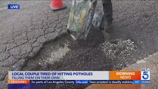 Couple tired of hitting potholes in Compton is now filling them on their own