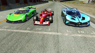 F1 Ferrari F2004 Michael Schumacher vs Koenigsegg Jesko vs Bugatti Bolide at Old Spa