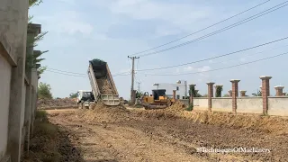 Extreme Activities Work Techniques Build New Road Dozer Pushing Soil With Dump Trucks Unloading