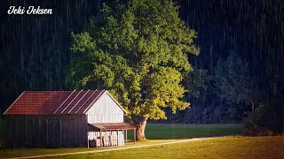 Calm atmosphere in the countryside, accompanied by relaxing music and the sound of rain