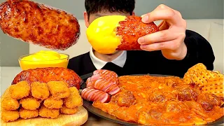 ASMR 미트볼 로제크림당면과 통훈제햄 생선까스 치즈소스 찍먹방~! Rose Cream Glass Noodles With Fried Potato Smoked Ham MuKbang!