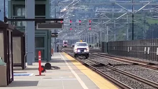 Caltrain EMU Test Train Meets Caltrain Hi-Rail At Bayshore Station